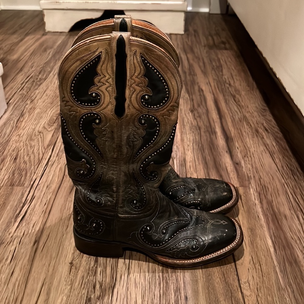 Black and brown square toe Lucchese boots